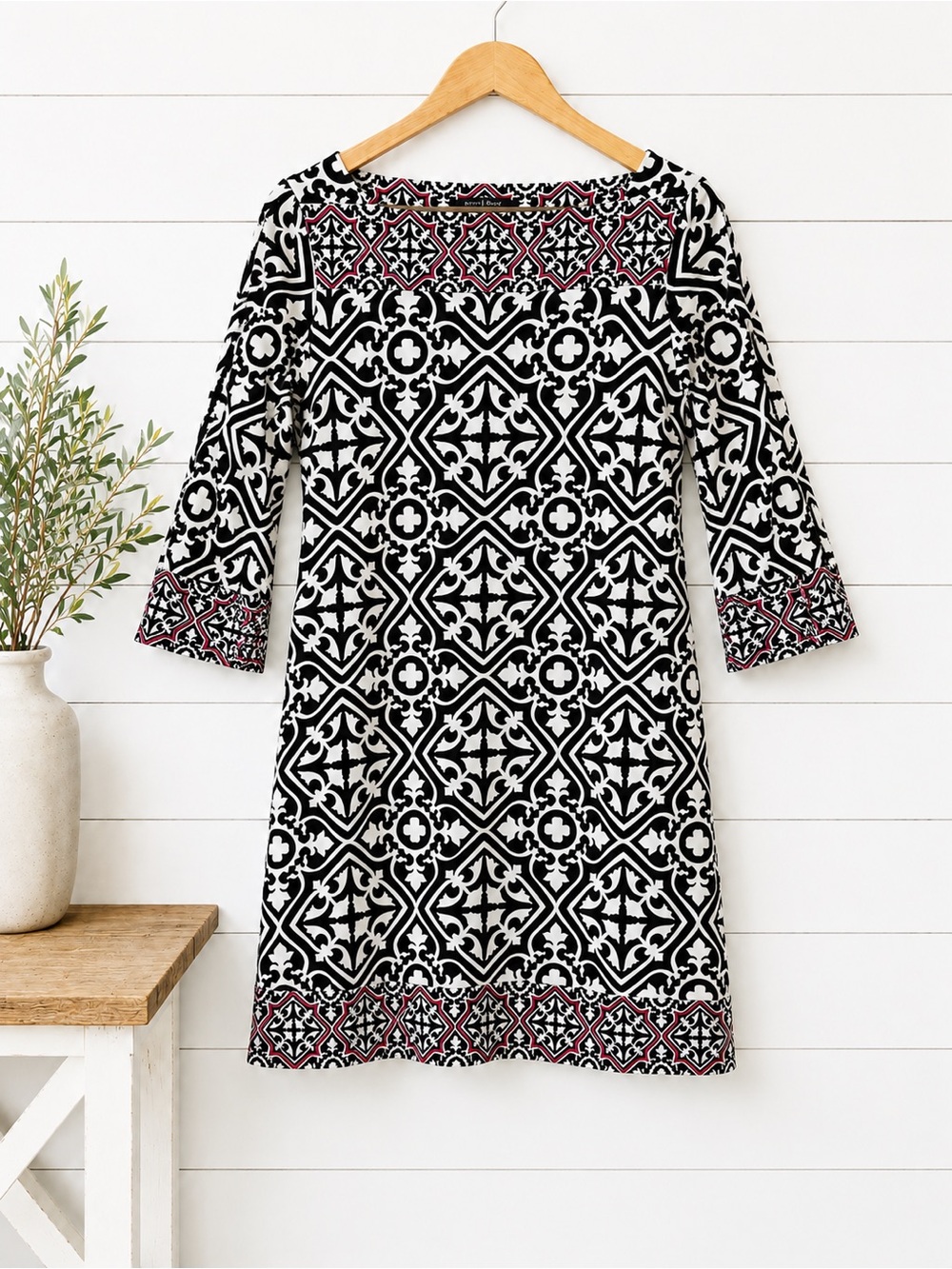 White House Black Market White BlackGeometric Shift Dress with Pink Trim - Women